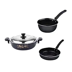 ATEVON 3-Piece Nonstick Cookware Set in Black - Includes Kadai with Lid, Large Tadka Pan, and Frypan - Bundled with Kitchen Tool Set - Perfect Gift Set