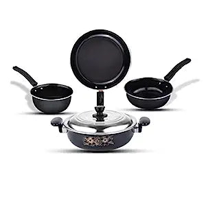 ATEVON Nonstick Cookware Gift Set - Kadai with Lid, Big Tadka, Small Tadka, Frypan, Kitchen Tool Set - 4-Piece Kitchen Set (Black)