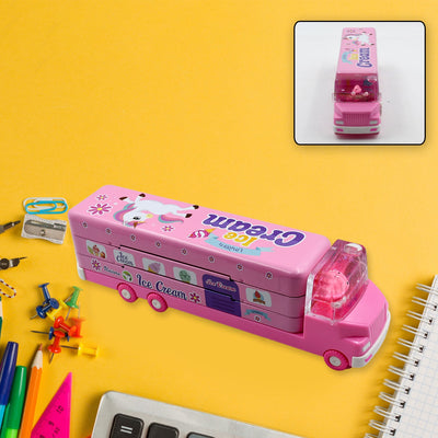 PremiumAV Double Decker Magic Truck Compass Multi Level Metal Truck Compass Pencil Case with Movable Wheels & Sharpener (Mix Design)