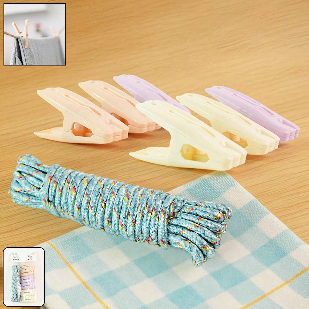 Clothesline Rope with 6 Clips – 6 Meter Approx Heavy Duty Laundry Drying Rope with Clip