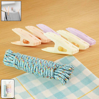 Clothesline Rope with 6 Clips – 6 Meter Approx Heavy Duty Laundry Drying Rope with Clip