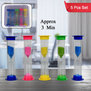 The vibrant 5-piece sand timer set displayed together, showcasing their compact size.