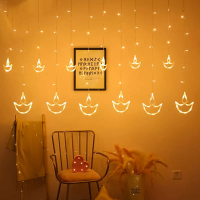 PremiumAV 12 Diya Curtain String Lights, Window Curtain Lights with 8 Flashing Modes Decoration Light (White Color)