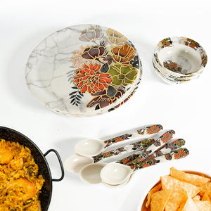 PremiumAV Dream 18-Piece Plastic Dinner Set  Unique Flower Design, 6 Plates, 6 Bowls & 6 Spoons, Microwave & Dishwasher Safe - PremiumAV