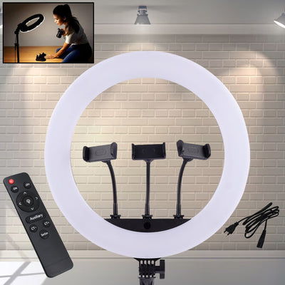 PremiumAV 18 Inch LED Ring Light with 3 Colour Modes & 3 Mobile Holders, Remote Control (1 Set)
