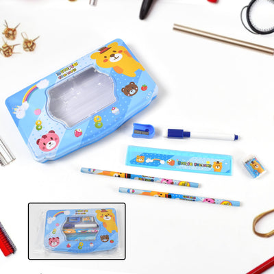 PremiumAV Cartoon Metal Compass Box for Kids with Stationery (6 Pc Set)