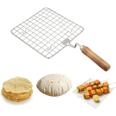 Kitchen Square Stainless Steel Roaster Jali, Barbecue Grill with Wooden Handle