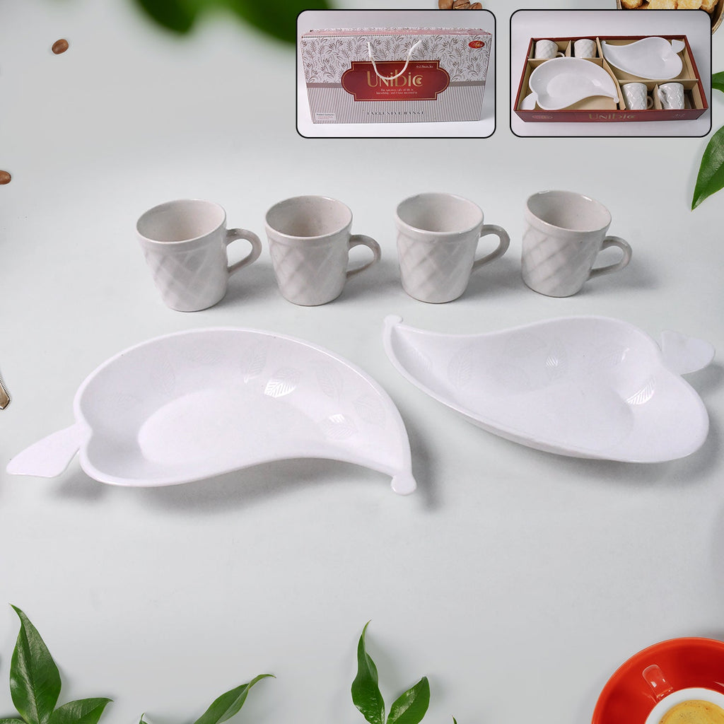 PremiumAV PremiumAV Unibic Ceramic Tea Cups With Plastic Leaf Shape tray / Platter (6 Pcs Set) –  