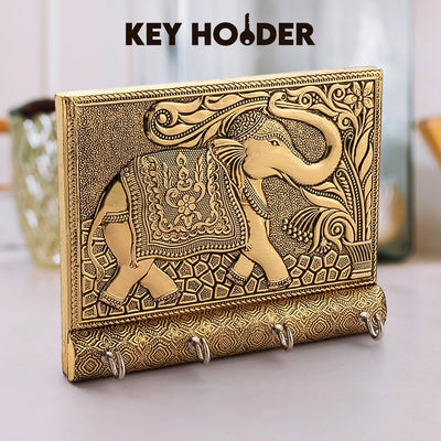 PremiumAV Wooden Key Holder for Home Decor Stylish Metal Gold Antique Elephant Design (1 Pc)