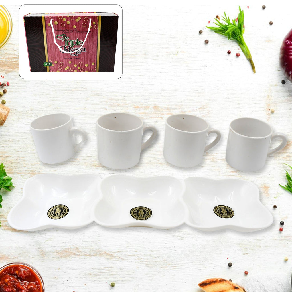 PremiumAV PremiumAV Triple Mazza Ceramic Tea / Cups Set Including 3 Compartment Plastic Serving Platter (4 Pcs Set) –  