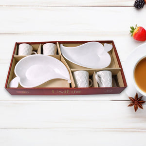PremiumAV Unibic Ceramic Tea Cups With Plastic Leaf Shape tray / Platter (6 Pcs Set) - PremiumAV