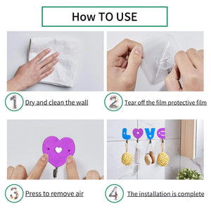 Decorative love-shaped self-adhesive hooks for hanging items.