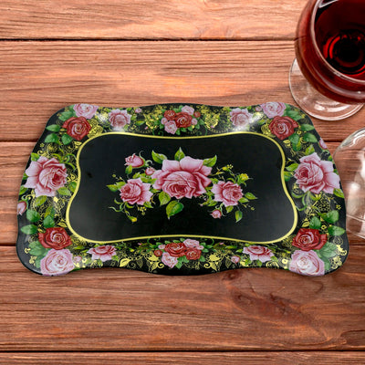 PremiumAV Stainless Steel Serving Tray With Flower Printed Rectangle Premium Dining Table Plate (18 x 8.5 Inch / 1 Pc)