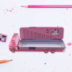 PremiumAV Double Decker Magic Truck Compass Multi Level Metal Truck Compass Pencil Case with Movable Wheels & Sharpener (Mix Design) - PremiumAV