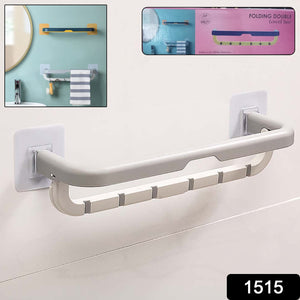 PremiumAV Wall-Mounted Double Bar Towel Holder with Hooks & Adjustable Folding Shelf - PremiumAV