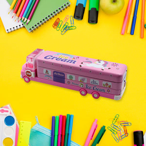 PremiumAV Double Decker Magic Truck Compass Multi Level Metal Truck Compass Pencil Case with Movable Wheels & Sharpener (Mix Design) - PremiumAV