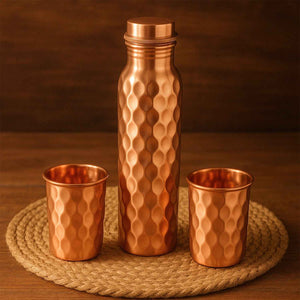 Copper Water Bottle 2 Glasses with Gift Box (3 Pcs Set)