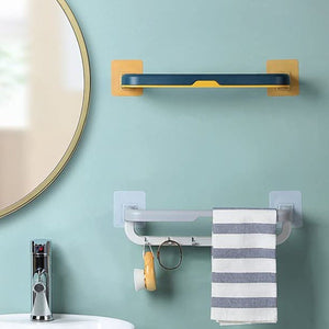 PremiumAV Wall-Mounted Double Bar Towel Holder with Hooks & Adjustable Folding Shelf - PremiumAV