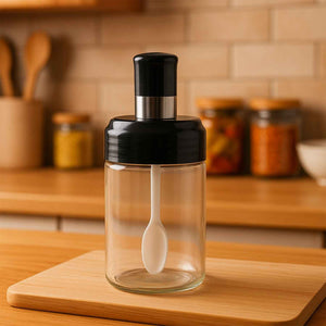 Clear Glass Spice Jar with Integrated Spoon & Airtight Lid (250ml Approx)