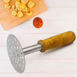 PremiumAV High Grade Stainless Steel Potato Masher Paubhaji / Pav Bhaji Masher with Wooden handle (1 Pc) - PremiumAV