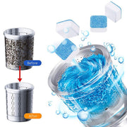 Effervescent washing machine cleaner tablet dissolving in a washer drum.