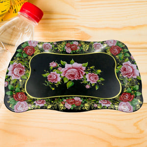 PremiumAV Stainless Steel Serving Tray With Flower Printed Rectangle Premium Dining Table Plate (18 x 8.5 Inch / 1 Pc)  - PremiumAV