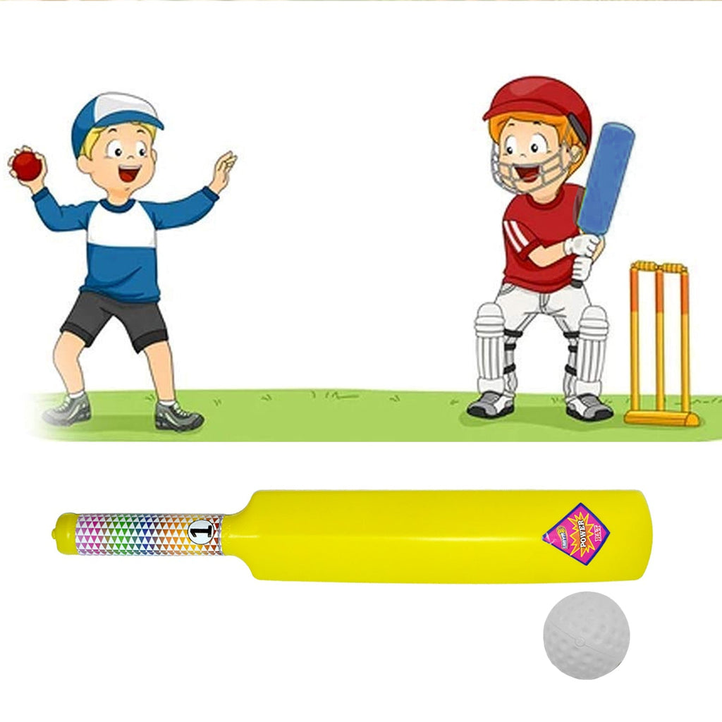 Plastic cricket bat and ball set for kids, showing vibrant colors