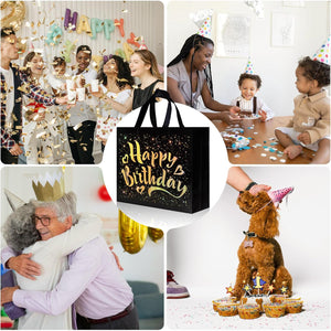 PremiumAV Birthday Gift Bag with Gold Shiny Stars, Reusable Party Gift Bags (1 Pc) - PremiumAV