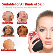 Close-up of a woman gently applying the black face ice roller under her eye to reduce puffiness.