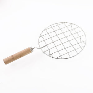 Kitchen Round Stainless Steel Roaster Papad Jali, Barbecue Grill with Wooden Handle