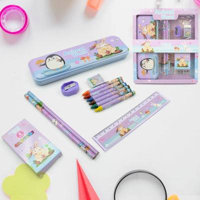 PremiumAV Stationery Kit for Kids - Metal Pencil Box, Sharpener, Pencil & Eraser (12 Pc Set)