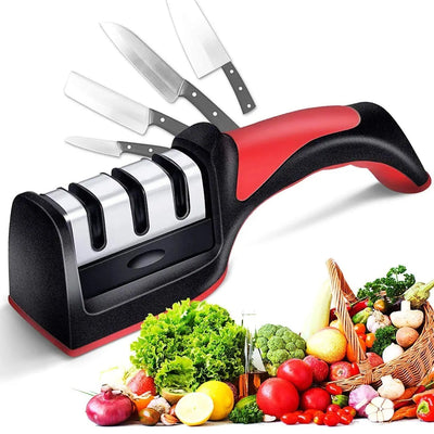 PremiumAV Manual Red Knife Sharpener 3 Stage Sharpening Tool for Ceramic Knife and Steel Knives.