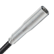 Stainless steel drain cleaning brush coiled for compact storage.