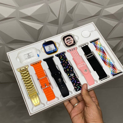 PremiumAV 10 in 1 Set Ultra 2 Smart Bluetooth Calling Smart watch + Earphones with Transparent Screen Guard Watch with Seven Classic Straps (Mix Color