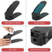 Compact adjustable shoe organizer slots arranged efficiently on a shelf, showcasing tidy storage.