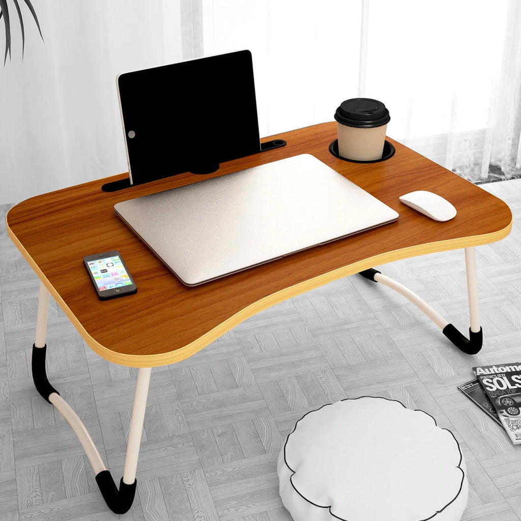 Portable foldable laptop table with coffee cup slot