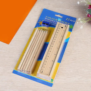 PremiumAV Colorful Wooden Pencil Set with Pencil box, Ruler, Sharpener For for Kids, Artist, Architect (12 Pcs Set)  - PremiumAV