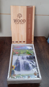 Elegant vertical wooden scenery art with hooks for wall decor.