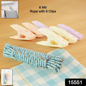 Clothesline Rope with 6 Clips – 6 Meter Approx Heavy Duty Laundry Drying Rope with Clip