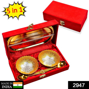 PremiumAV Gold Silver Plated 2 Bowl 2 Spoon Tray Set Brass with Red Velvet Gift Box Serving Dry Fruits Desserts Gift