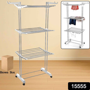 3-Tier Foldable Stainless Steel Cloth Drying Stand with Wheels