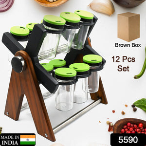 PremiumAV Miracle Multipurpose Wooden Spice Rack for Kitchen 12 Jars | 360 Degree Revolving Masala Box Container Spice Rack Containers Set (12 pcs Set  - PremiumAV