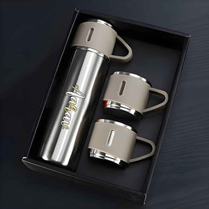 Customized Stainless Steel Vacuum Flask Set with 3 Cups – 500ML | Personalized Name Bottle Gift Combo for Boyfriend, Girlfriend, Employee