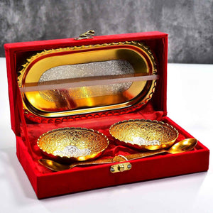 PremiumAV Gold Silver Plated 2 Bowl 2 Spoon Tray Set Brass with Red Velvet Gift Box Serving Dry Fruits Desserts Gift