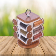 Ganesh 12-jar revolving spice rack, showcasing transparent jars with a wood-finish base.