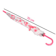 A closed white umbrella with pink polka dots and a pink handle is shown with a 70 cm length measurement.