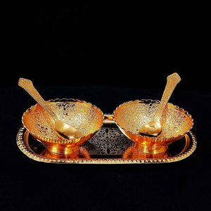 PremiumAV Gold Silver Plated 2 Bowl 2 Spoon Tray Set Brass with Red Velvet Gift Box Serving Dry Fruits Desserts Gift