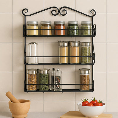 Big Wall Mounted Iron Wall Shelf with 3 Storage Racks for Kitchen, Pantry, Cabinet, Counter top or Free Standing, Rack Holder for Kitchen