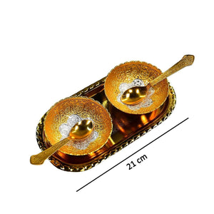 PremiumAV Gold Silver Plated 2 Bowl 2 Spoon Tray Set Brass with Red Velvet Gift Box Serving Dry Fruits Desserts Gift