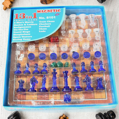 PremiumAV 13 in 1 Family Board Game Chess, Snakes & Ladders, Ludo, Tic-Tac-Toe, Checkers, Travel Bingo, Football, Space Venture, Steeplechase Set for